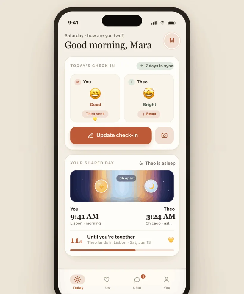 GoCouples Today screen — morning check-in, your shared day and reunion countdown